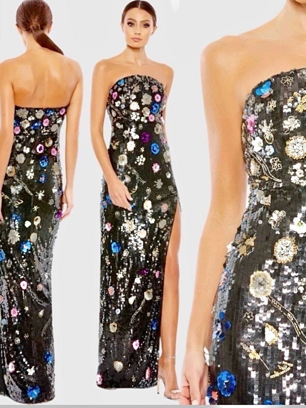 MAC DUGGAL
Black Floral Sequined Strapless Column dress size 8 NWT